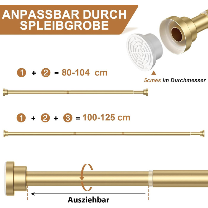 Штанга для штор без свердління AIZESI телескопічна, 80-125 см, діаметр 22 мм, для ванної, вікна, шафи (золота)