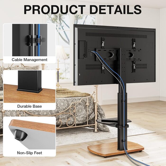 Підставка для телевізора Ttap 32-65 дюймів з дубом та скляною полицею, поворотна та регульована по висоті