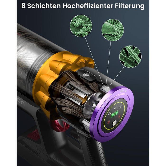 Бездротовий пилосос Anyson 45000Pa потужністю 550W з акумулятором 70Min, об'єм 1.6L, тихий, з LED-дисплеєм та антизаплутувальною насадкою, для твердих поверхонь, килимів та шерсті тварин