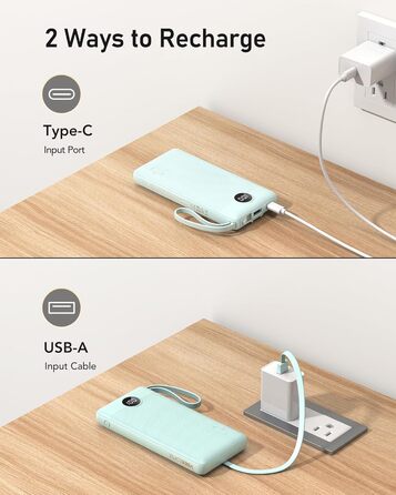 Портативний зарядний акумулятор Power Bank 10000mAh з LED дисплеєм та інтегрованими кабелями. Сумісний з iPhone, iPad, Samsung, Xiaomi, Google Pixel. Колір: блакитний