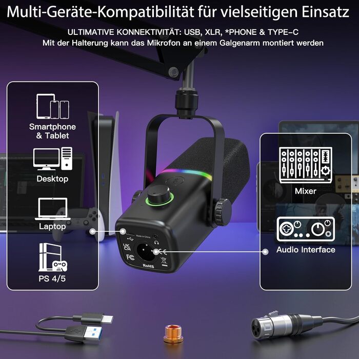 Динамічний мікрофон Haomuren XLR/USB з RGB-підсвіткою для геймінгу, подкастів та YouTube