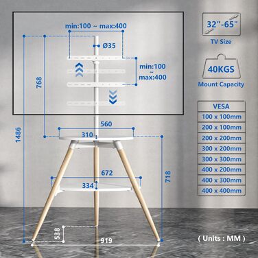 Підставка для телевізора 5Rcom Weiß з 2 полицями 32-65 дюймів, дерев'яна, поворотна, регульована по висоті, VESA 400x400, до 40 кг