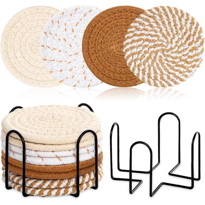 Absorbent Coasters for Drinks – Boho Coaster Set for Coffee Table – Stylish Natural Material, Home Decor, Colorful Cup Coasters with Holder, 10.9 inches, Light Coffee