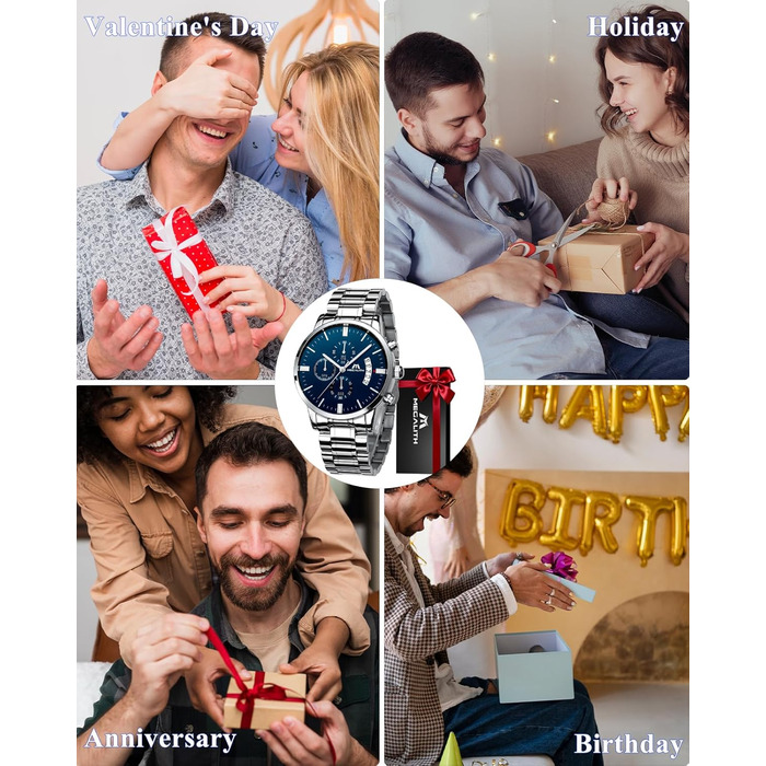 Чоловічий годинник MEGALITH з нержавіючої сталі, хронограф, велике циферблат, водостійкий, з датою, для роботи та відпочинку. Стильний подарунок для чоловіків (срібний подарунок для чоловіка)