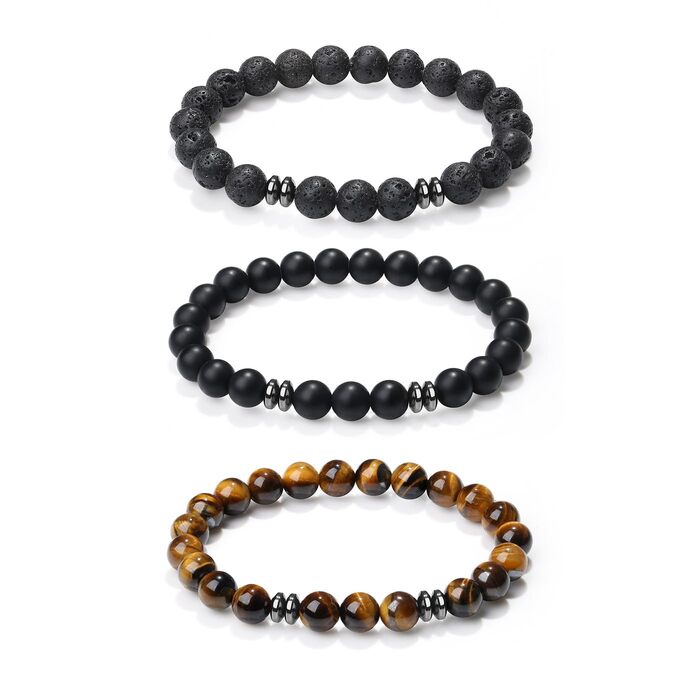 Чоловічі браслети з натурального каміння: тигрове око, чорний лава, онікс. Набір з 3-4 браслетів. Чудовий подарунок для чоловіків.