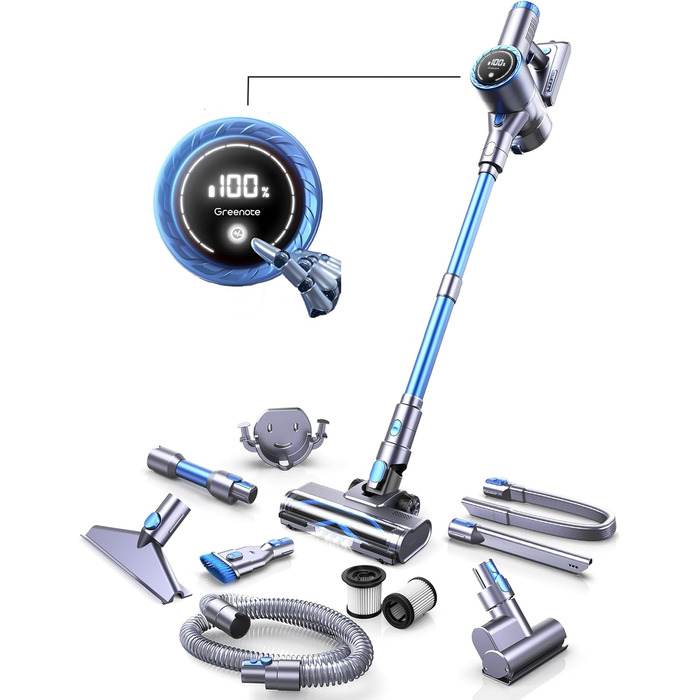 Greenote GSC60 Бездротовий акумуляторний пилосос, 33000Pa, з сенсорним екраном, до 40 хв роботи, 10 в 1, тихий, для твердих поверхонь, килимів, шерсті тварин