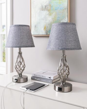 LED-лампа на тумбочку EDISHINE, 2 шт. в наборі, торшери з USB, диммування, сірий абажур, для спальні, вітальні, подарунок