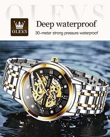 Чоловічий механічний годинник OLEVS Gold Skeleton з автопідзаводом, розкішний сталевий корпус з діамантами, водонепроникний, сріблясто-золотий з чорним циферблатом