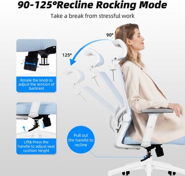 Ергономічне крісло Daccormax для офісу: регульована підголовник, підлокітники, підтримка попереку, поворотний механізм, функція гойдання, дихаюча сітка, для спини, до 150 кг (Блакитний)