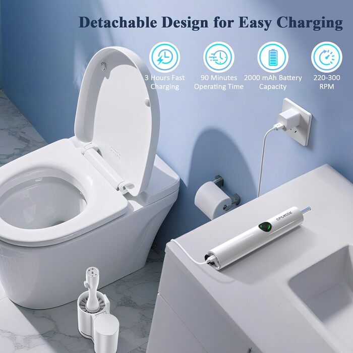 Електрична щітка для унітазу Redagod з настінним кріпленням, подвійним контейнером та змінною насадкою (5 одноразових серветок) з бризкозахистом, 1 шт.