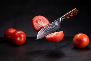 Ніж Santoku з дамаської сталі Wolfblood (24 см) – професійний кухонний ніж з 67 шарів дамаської сталі, дерев'яною ручкою, подарункова коробка та захист леза