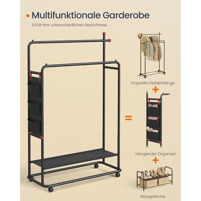 SONGMICS HOME Rolling Garment Rack, Coat Rack, 2 Clothes Rods, Shelf, Side Organizer, Match-Shaped Hooks, Stable, Bedroom, Hallway, Ink Black HSR171B01