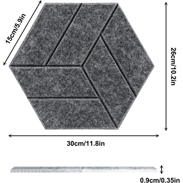 Акустичні гексагональні панелі самоклейні 30x26x0.9 см, звукопоглинаючий акустичний поролон для студії, офісу та геймерської кімнати, темно-сірий (12 шт.)