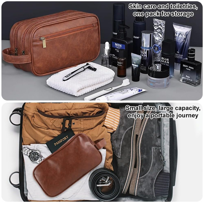 Чоловіча косметичка Kulturbeutel, водонепроникна сумка з PU-шкіри, чоловіча валізка з вологостійким мішечком, двошарова косметичка, дорожня сумка для чоловіків (коричнева шкіра)