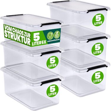 Deuba® 10x Storage Box with Lid - Plastic Boxes, Food Safe, BPA Free, Small, Click Closure, Transparent, Stackable, Kitchen, Bedroom (5L, Set of 6)