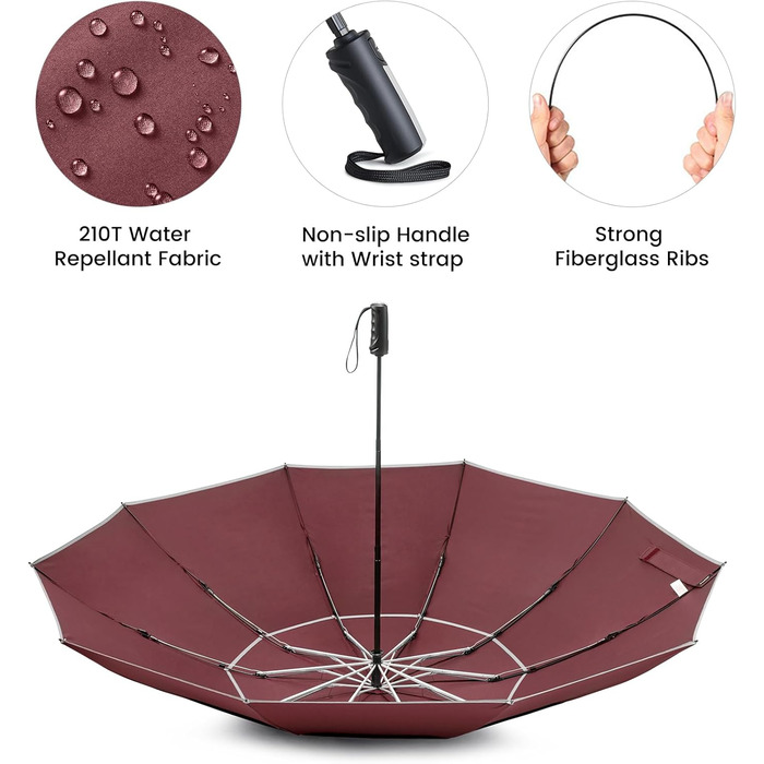 G4Free Парасолька велика, туристична, для гольфу, 10 ребер, автоматична, стійка до вітру, компактна, червона (54 дюйми)