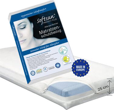 Softsan Protect Plus Mattress Cover, mite-proof 90x200x25 cm, height 25 cm, encasing, dust mite protection for house dust allergy sufferers, mite feces-proof, white