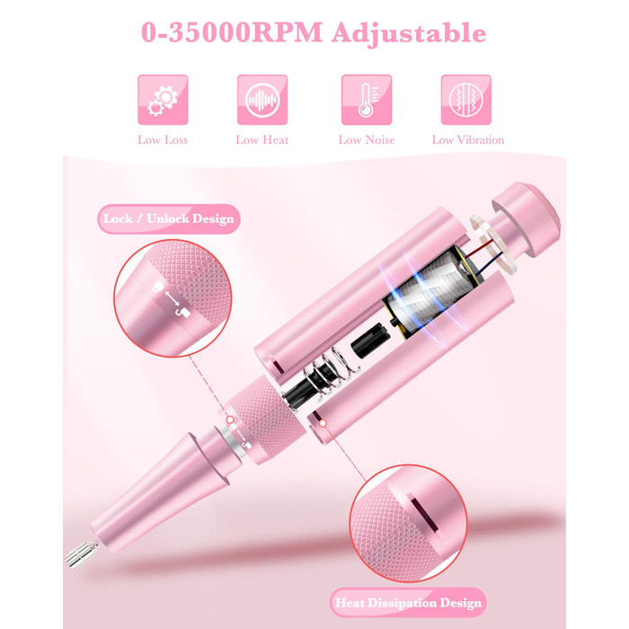 Професійний фрезер для нігтів ENGERWALL 35000 об/хв, акумуляторний електричний фрезер для гелю та акрилу, бездротове манікюрне E-File набір з 7 насадками та 56 шліфувальними бандажами, темно-сріблястого кольору (портативний, акумуляторний - рожево-блакитний)