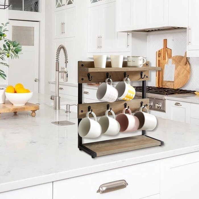 Vintage Mug Holder with 8 Hooks, Coffee Cup Holder for Kitchen Countertop, Cup Rack with Storage Bottom, for Kitchen Dining Room Cafe 40 x 15 x 40 cm, TBJ002H (with Shelf, Greige)