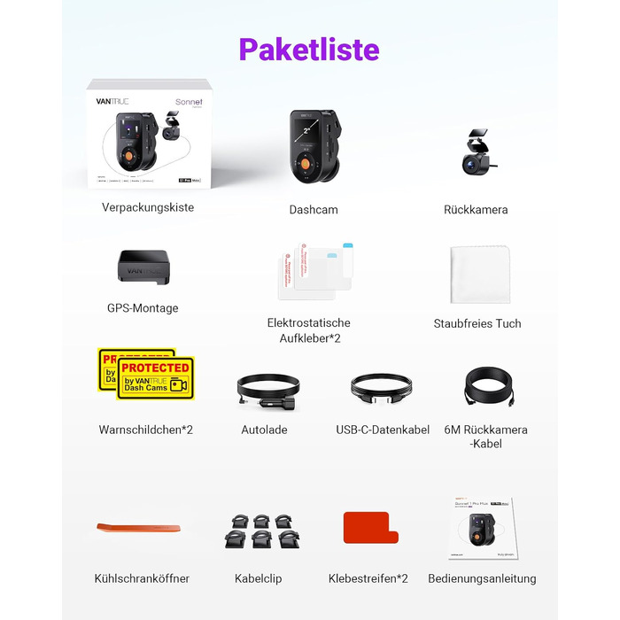 Автомобільний відеореєстратор VANTRUE S1 PRO MAX 4K + 4K Dual Dashcam з нічним баченням STARVIS 2, HDR, GPS, 5.8GHz WLAN, 24Год режим паркування, ADAS, підтримка LTE та карт пам'яті до 1ТБ