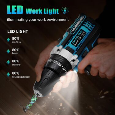 Акумуляторний шуруповерт 21V з акумулятором 2000mAh, 50Nm крутний момент, 25+3 ступені крутного моменту, 2 акумулятори та швидка зарядка, для саду, дому, DIY проектів