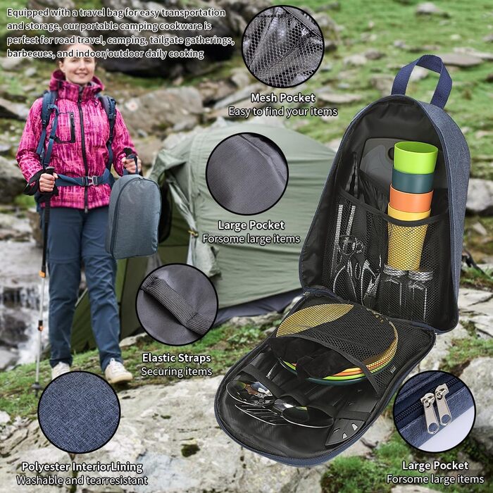 Berglander Camping Essentials, Camping Cookware Utensil Set, Camping Accessories Gear Must-Haves, come with camping cutlery sets, plates, and cups, ideal for outdoor stoves, picnics, and grilling.