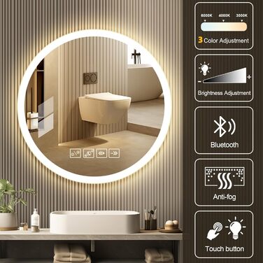 Дзеркало для ванної кімнати з підсвічуванням 50x70 см, з функцією проти запотівання, годинником, LED, сенсорне управління, пам'ять, 3 кольори світла, регулювання яскравості