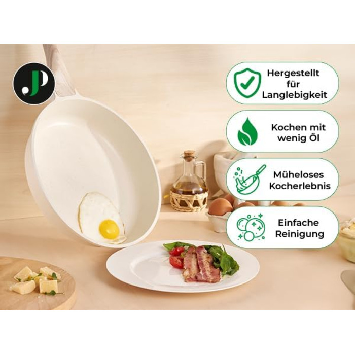 JUST PERFECTO Induction Cookware Set - Frying Pan Set with Lid - Frying Pan 24cm, Frying Pan 28 cm - Cookware Set 28cm Non-Stick Pan without PTFE and PFOA (14-Piece Beige)