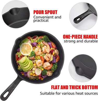OVERMONT Grill Pan Cast Iron - Cast Iron Skillet 19.5cm - Steak Pan Frying Pan with Handle - for Gas Grill (9.6Inch-24.5cm)