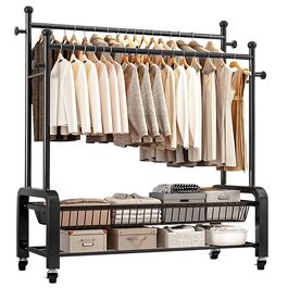 Стійка для одягу на колесах, чорна, з двома перекладинами, подвійне зберігання