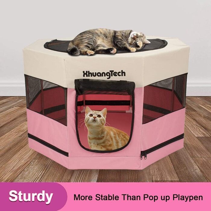 Клітка-загон для собак, котів, кроликів та морських свинок XhuangTech, рожева, з м'якого матеріалу, складана, 87.6 x 87.6 x 54.9 см