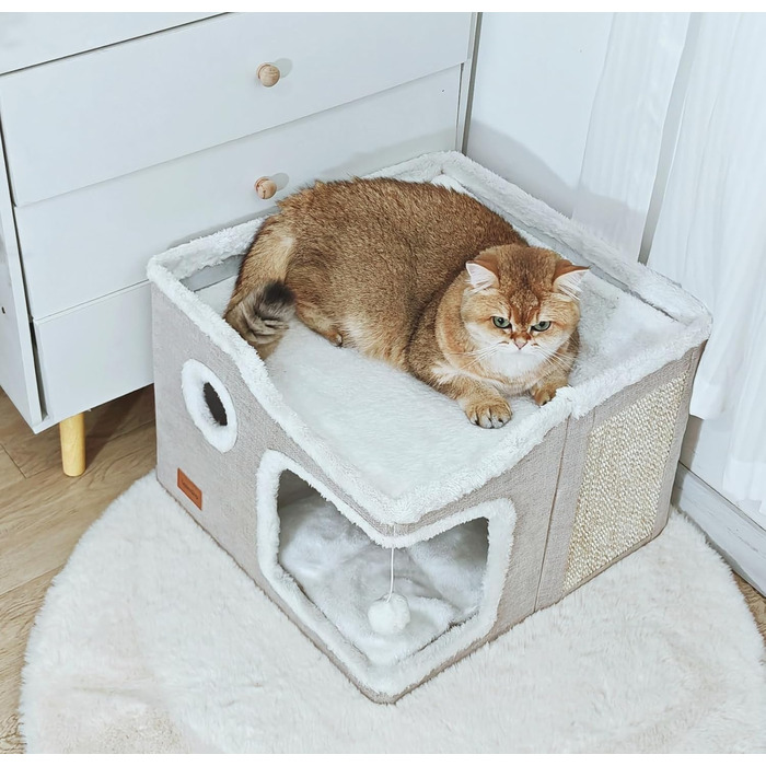 Large Cat Cave Bed for House Cats, Foldable Pet House, Cube with Scratch Pad, Kitten Cave, Cat Hideaway Cute Hut with Soft Cushion Mat, Beige, 43.2 x 43.2 x 33 cm