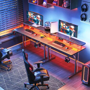 Small LED Gaming Desk with Power Outlets - 80cm Carbon Fiber PC Gamer Table