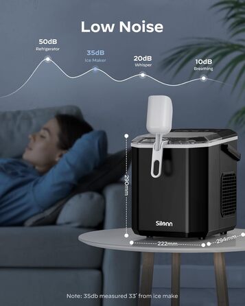 Машина для приготування льоду Silonn з кошиком – портативна та самоочисна, Mini Ice Maker, 9 кубиків/6 хв, 12 кг/день, зручне виймання та використання (Чорний, 1.2 л)