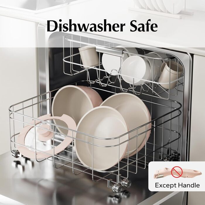 Набір посуду Redchef 16 предметів: каструлі та сковороди з керамічним антипригарним покриттям, знімні ручки, без PFAS, PFOA та PTFE, для кемпінгу та приготування їжі, сумісний з духовкою (колір: рожевий)