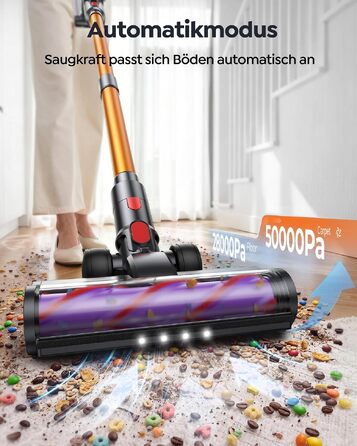 Акумуляторний пилосос Fieety 55КПа/650Вт, бездротовий вертикальний пилосос з автоматичним режимом, контейнером 1.8л, шлангом 1.5м та функцією ароматизації, для килимів, твердих підлог та авто, Gold