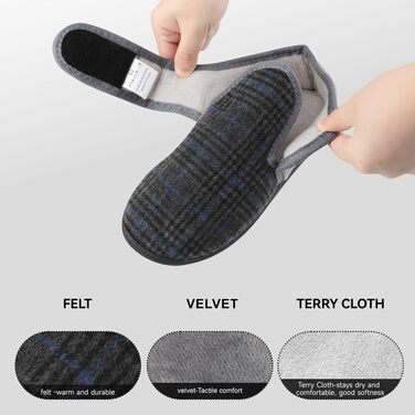 Теплі халапи для чоловіків TIESTRA з флокуванням, для діабетиків, широка нога, з фетрової в'язки, з підошвою з піною Memory Foam, з застібкою-липучкою, розмір 41-47 (Смужки сірого кольору, 46 EU)