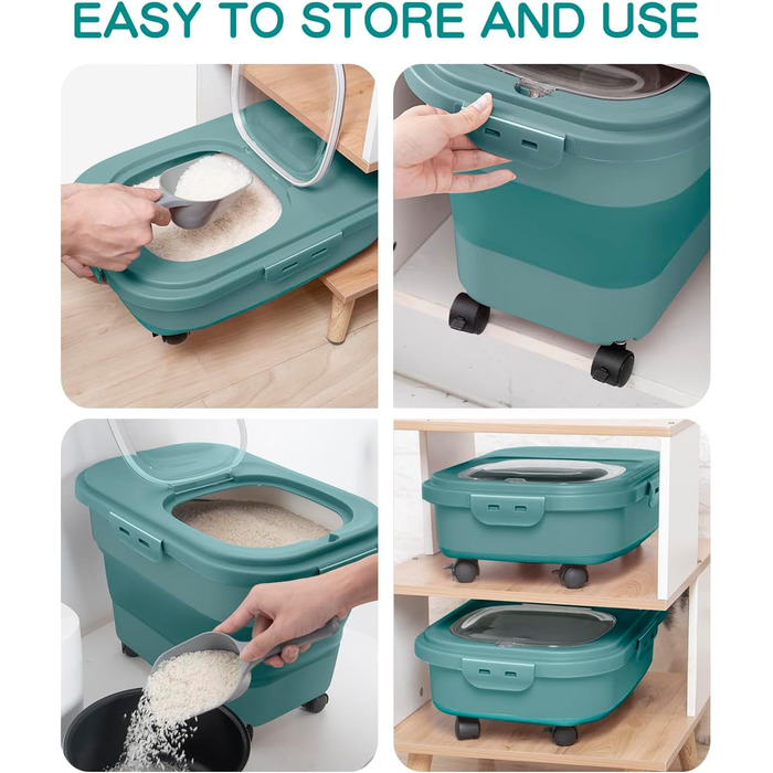 Контейнер для зберігання рису, складний, на колесах, з герметичним кришкою, мірний стакан та лопатка, для продуктів, рису, кормів для тварин, борошна, темно-зелений, 9-13,6 кг