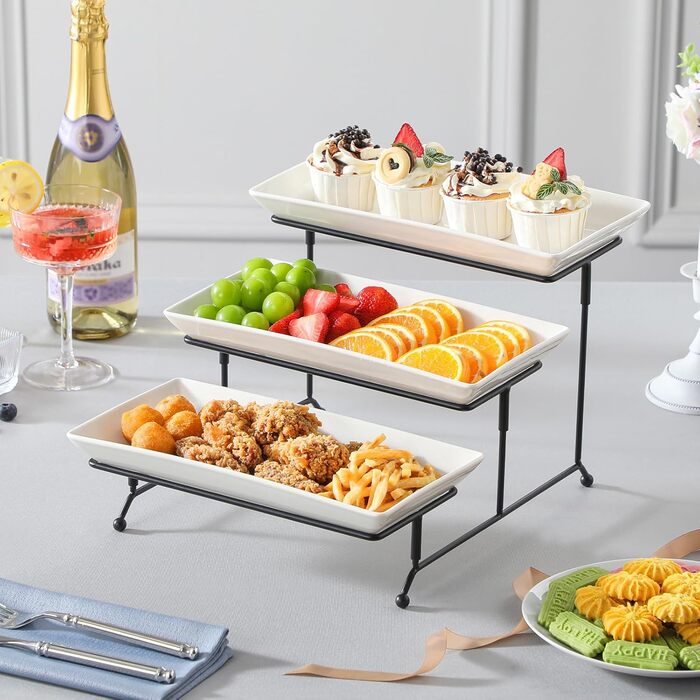 MALACASA 3-Tier Porcelain Serving Platter with Folding Sturdy Stand, for Party Entertaining Food Display, Fruit Dessert, Cupcakes, White, 30.5x15.3cm