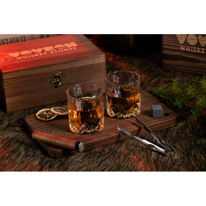 Whiskey Stones Gift Set for Men - 8 Whiskey Scotch Bourbon Chilling Stones, 2 Whiskey Glasses in Wooden Box - Christmas/Father's Day/Birthday/Gift for Dad Papa Friend