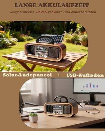 Ретро Радіо Klein з Bluetooth, AM/FM/SW радіо, портативне, з сонячною панеллю, USB/TF картка, подвійний динамік, коричневе