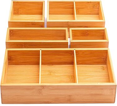 Bamboo Drawer Organizers, 5-Piece Set, with Various Compartments and Removable Dividers, Set of 5 Sturdy Wooden Storage Boxes with Extra Foot Pads for Home and Office