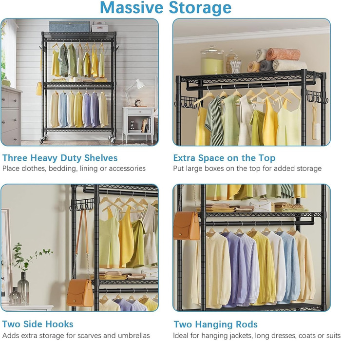 Clothes rack, clothes rod, rolling clothes rack, rolling clothes rod, sturdy clothes rack, clothes rack with wheels 90x43.5x180cm, load capacity 100kg