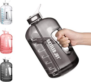 Water bottle with straw, 1 Gallon / 3.5L BPA-Free Leak-Proof Plastic Sports Bottle, Water Bottle with Time Markers, Drinking Bottle for Fitness, Office, Outdoor, Home (Black, 2500 ml)
