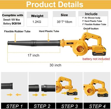 Powarobor Cordless Blower/Leaf Blower for Dewalt 18V Batteries, Compact Air Blower for Lawn Care, Leaf Blowing, Terrace and Garage Cleaning (device only, without battery and charger)