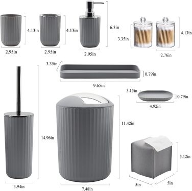 Набір аксесуарів для ванної кімнати, 10 предметів (сірий): сміттєвий контейнер, тримач для зубних щіток, мильниця, дозатор мила, тримач для унітазної щітки, контейнер для ватних паличок, кришка для серветок