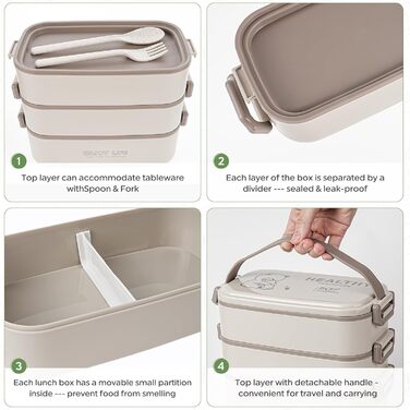 Бенто-бокс 2700 мл, 3-рівневий з виделкою та ложкою, 4-в-1 – контейнер для їжі, ланчбокс для чоловіків, жінок, студентів, мікрохвильовий та мийка в посудомийній машині (Хакі, Бежевий)