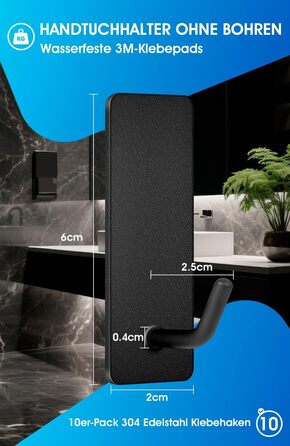 Набір гачків для рушників без свердління, 10 шт., самоклеючі гачки з нержавіючої сталі 304, надміцні клейкі гачки для великих предметів, гачки на стіну для ванної, туалету та кухні, стійкі до іржі, чорні гачки для рушників