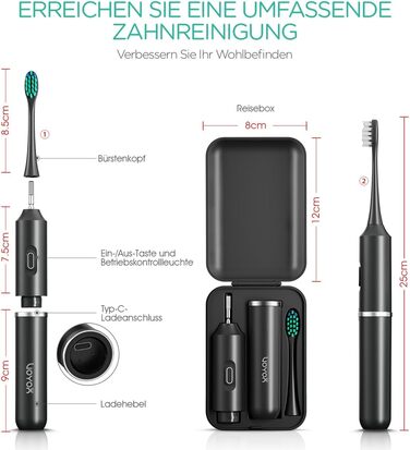Електрична зубна щітка VOYOR-HEALTH ET410 Black: 5 режимів, для подорожей, USB-зарядка