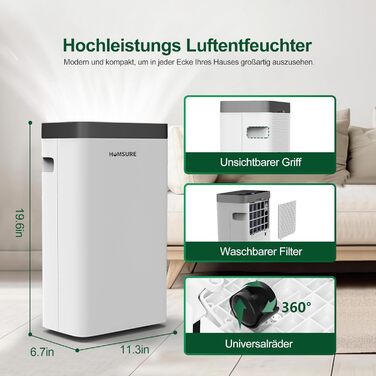 12L/Day Dehumidifier, Electric Dehumidifier with 1.2m Drain Hose, Room Dehumidifier with LED Display, Clothes Drying, Drain Hose, 24H Timer and Defrost, Ideal for Basements, Against Humidity